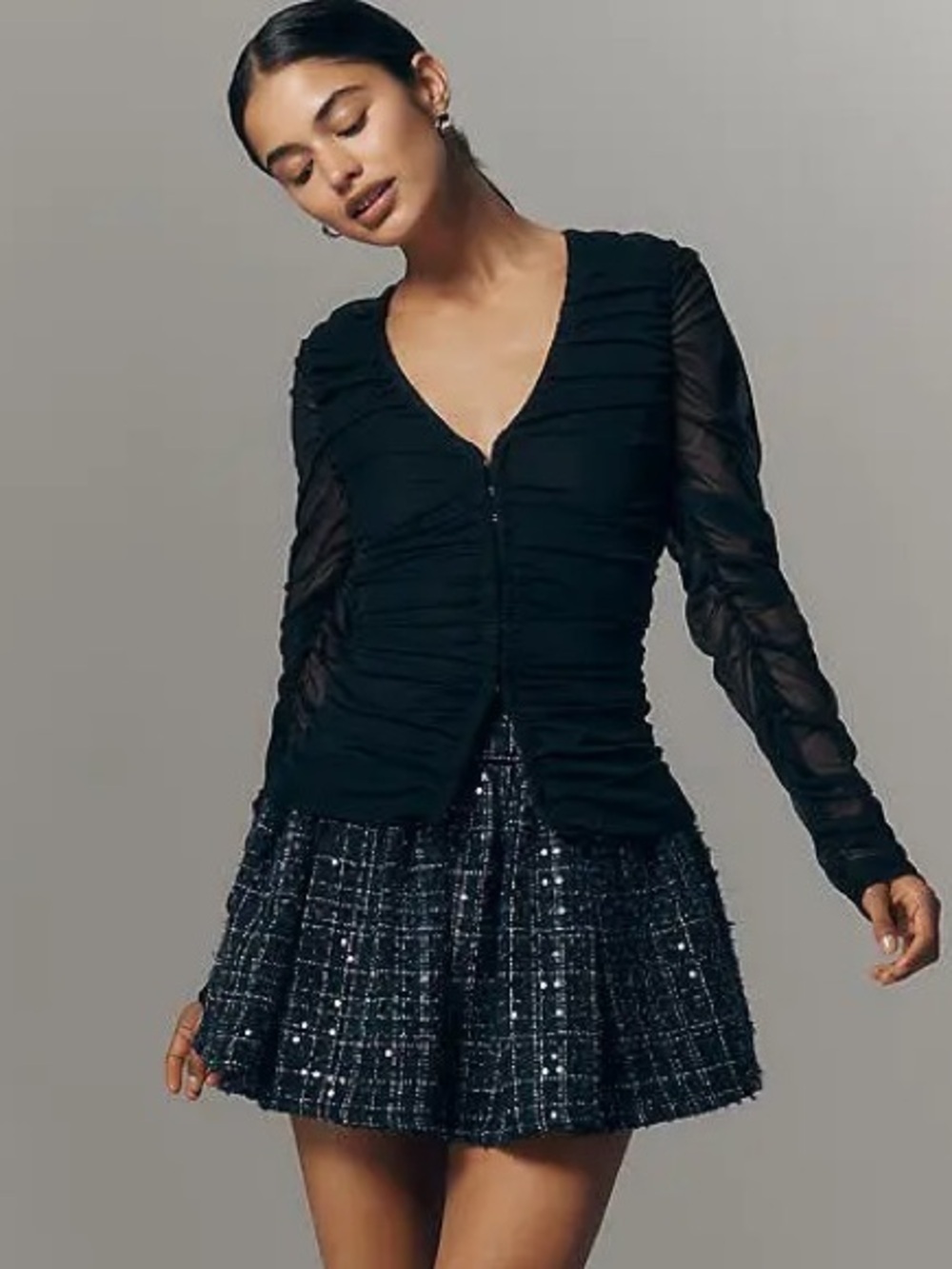 Maeve Black Ruched Mesh Long-Sleeve Top